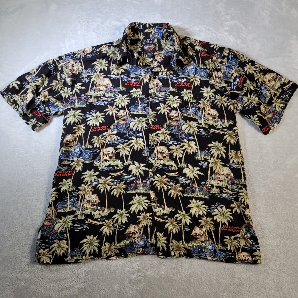 Harley Davidson x Tori Richard Shirt Mens L Black Hawaiian Aloha USA Motorcycle